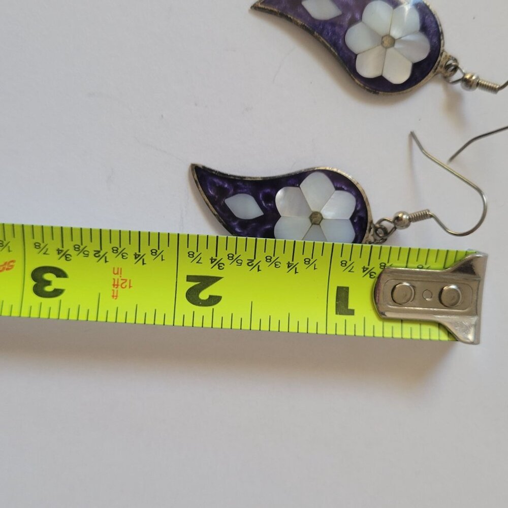 Vintage Mexican Alpaca Silver MOP Floral Drop Earrings - Picture 3 of 4